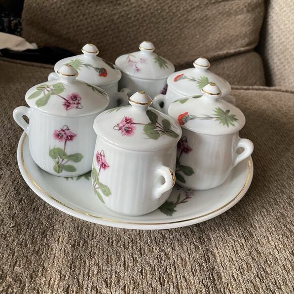 Louis Lourioux Le Faune Wild Flower pot de creme ramekins matching tray Vintage - Picture 2 of 12